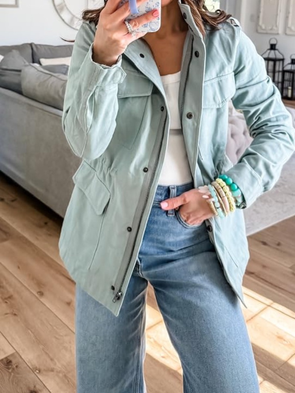 Light Green Utility Jacket with zipper and inside cinching at waist